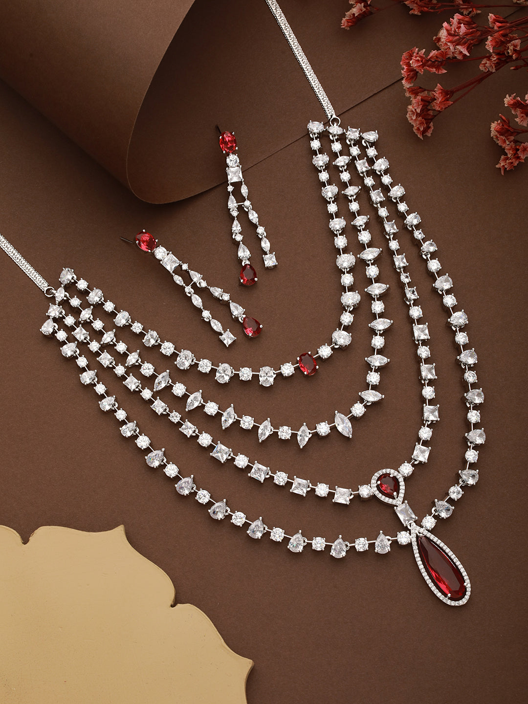 Silver Toned Red AD Multilayered Designer Bridal Jewellery Set